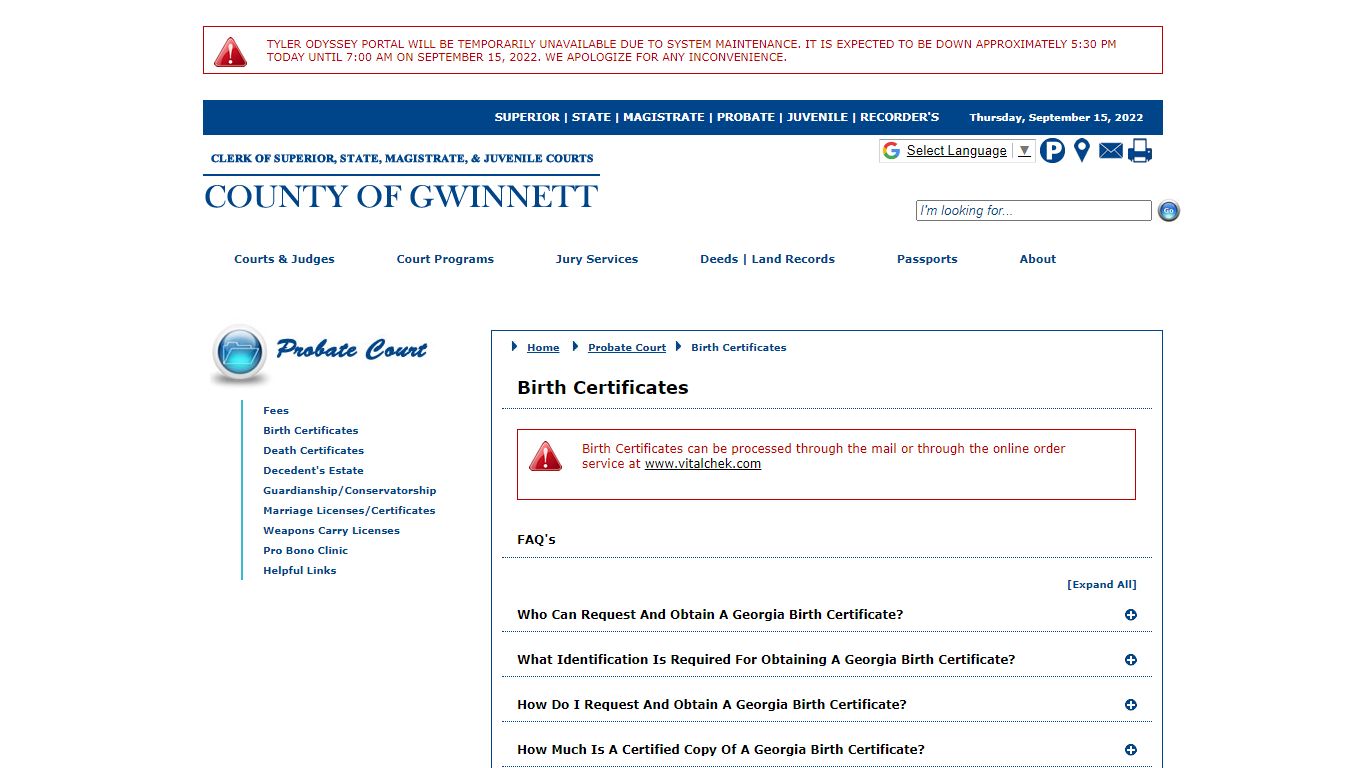 Gwinnett County Courts - Probate Court - Birth Certificates